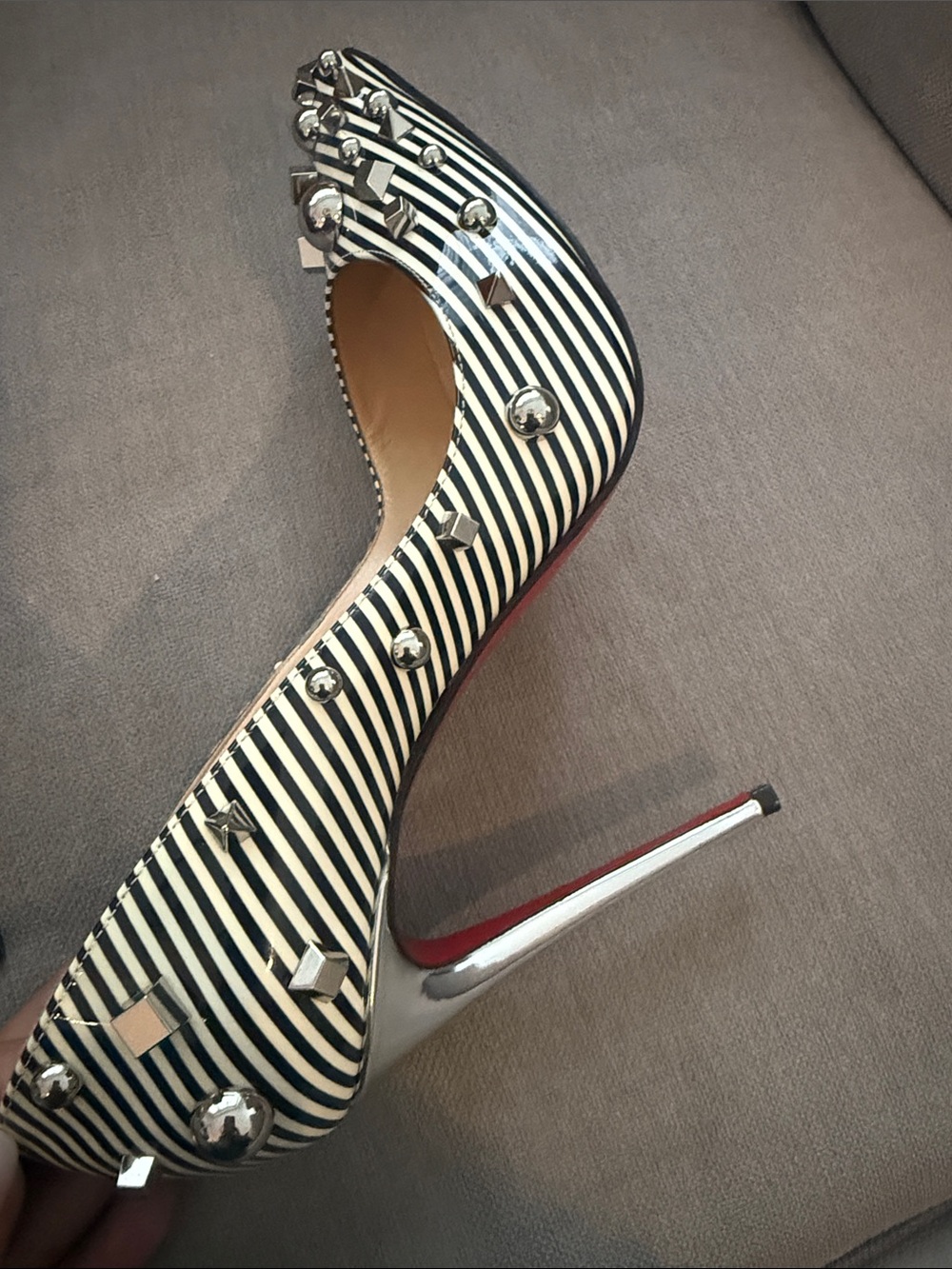 Christian Louboutin Black & White Striped Studded Pigalle Pumps - Picture 5 of 6